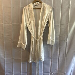 Vintage Knee Length White Satin Robe Beaded Embroidery Lace Sheer Cuff S/M Bride